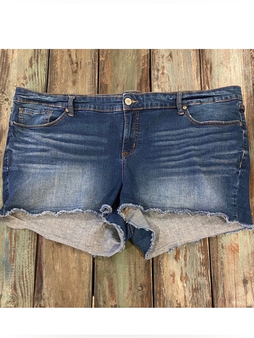 Torrid Size 24 Denim Jeans Shorts Mid Rise Stretch Blue Cutoffs Plus Size